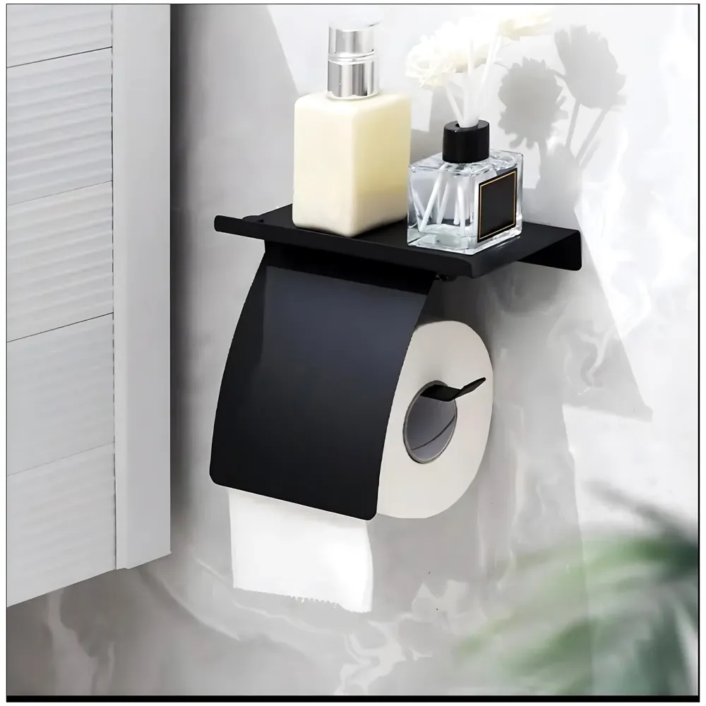 Black Toilet Paper Roll Holder with Shelf and Cover SS Material with Phone Holder Or Decorations for Bathrooms and Toilets 18cm X 7.2cm