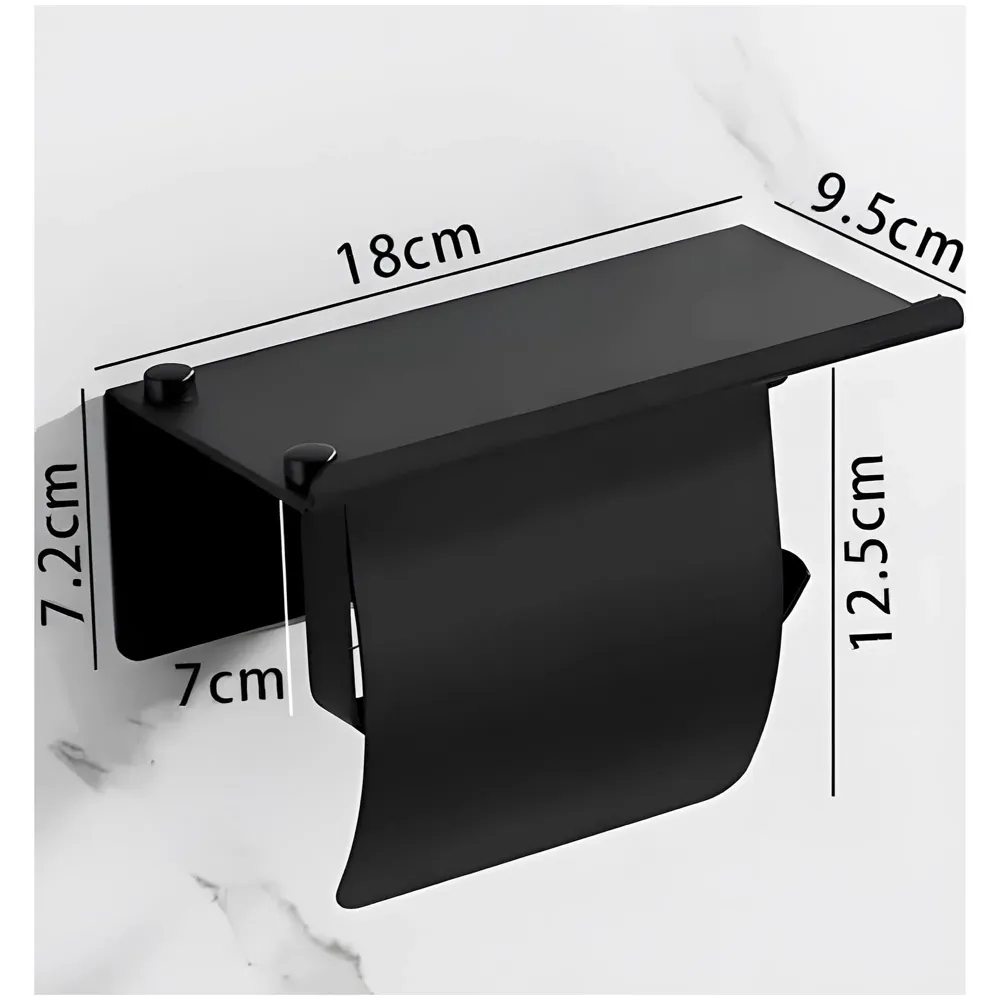 Black Toilet Paper Roll Holder with Shelf and Cover SS Material with Phone Holder Or Decorations for Bathrooms and Toilets 18cm X 7.2cm