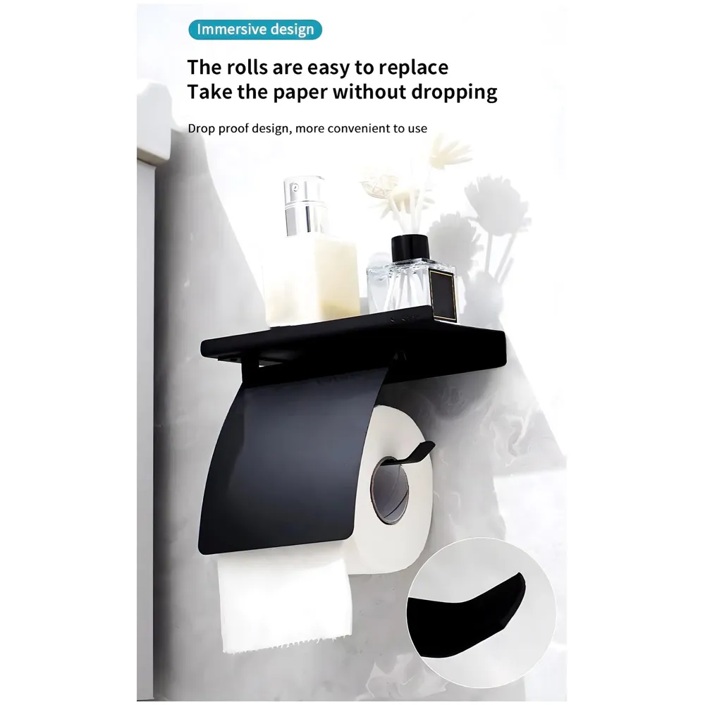 Black Toilet Paper Roll Holder with Shelf and Cover SS Material with Phone Holder Or Decorations for Bathrooms and Toilets 18cm X 7.2cm