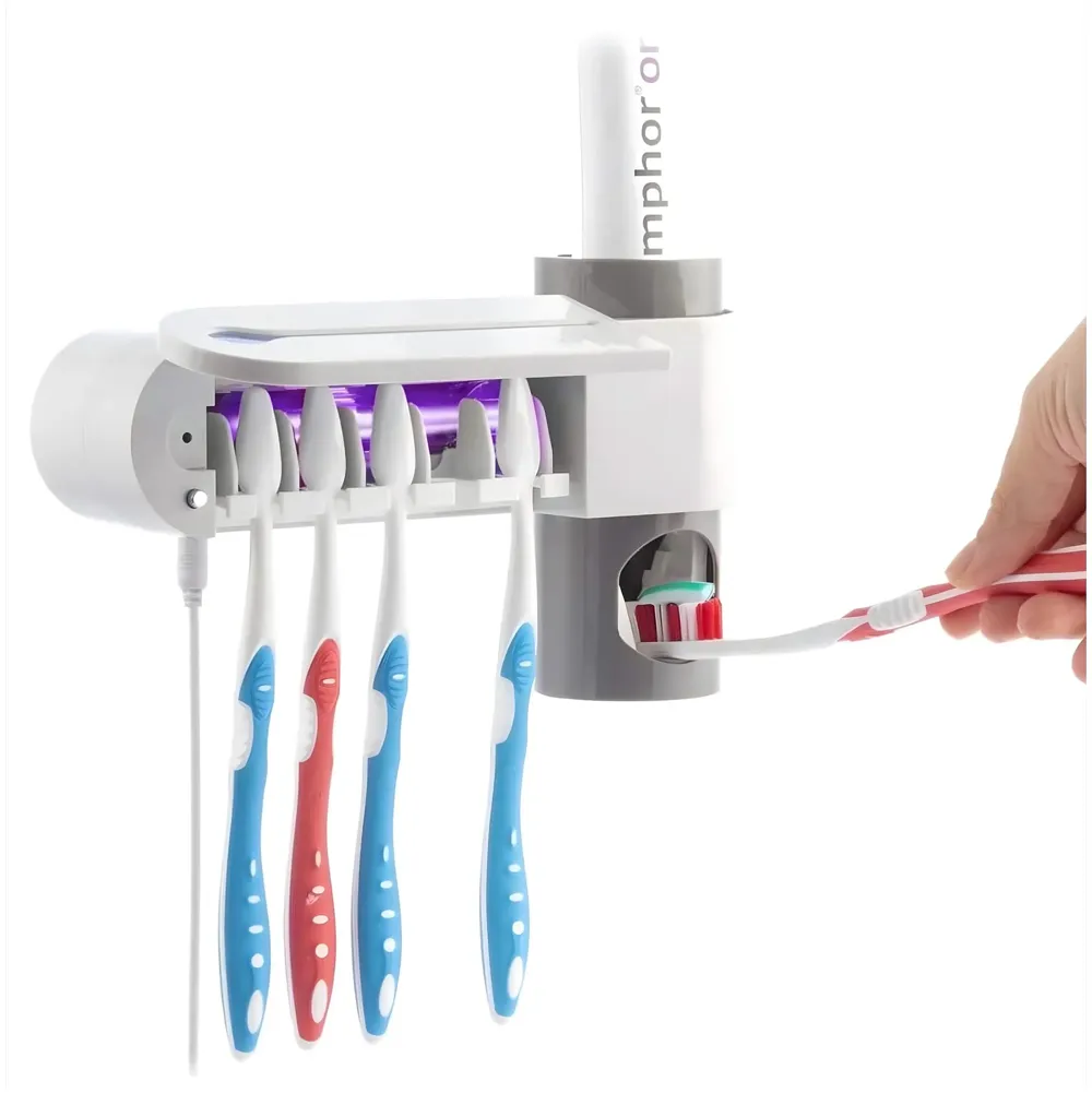 Bioline UV Sanitizer Toothbrush Holder And Squeezer Cleaner With UV Disinfectant And Fan Drying Storage Set, 4 Toothbrush Slots, Plug In USB Bathroom Wall Mounted Fit Automatic And Manual Toothbrushes