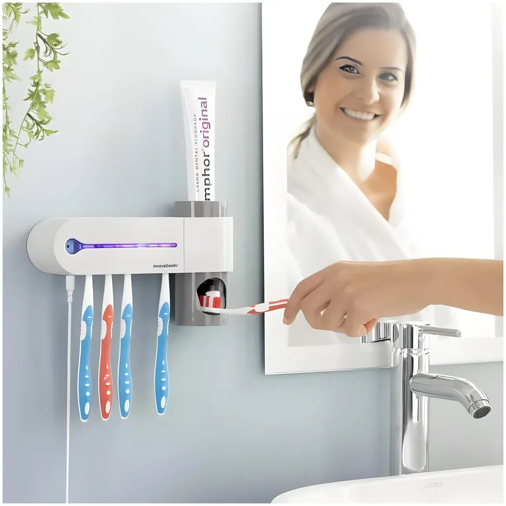 Bioline UV Sanitizer Toothbrush Holder And Squeezer Cleaner With UV Disinfectant And Fan Drying Storage Set, 4 Toothbrush Slots, Plug In USB Bathroom Wall Mounted Fit Automatic And Manual Toothbrushes
