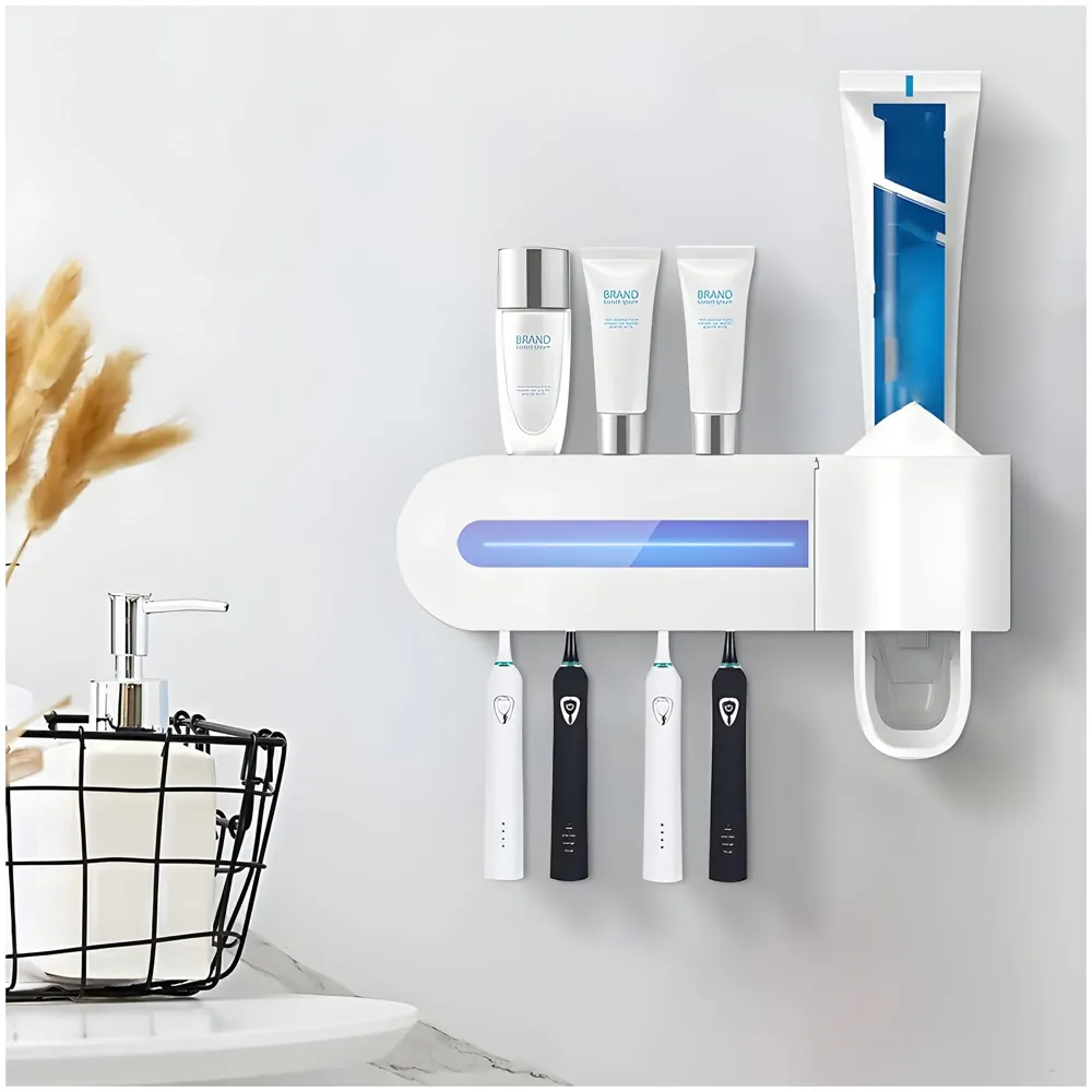 Bioline UV Sanitizer Toothbrush Holder And Squeezer Cleaner With UV Disinfectant And Fan Drying Storage Set, 4 Toothbrush Slots, Plug In USB Bathroom Wall Mounted Fit Automatic And Manual Toothbrushes