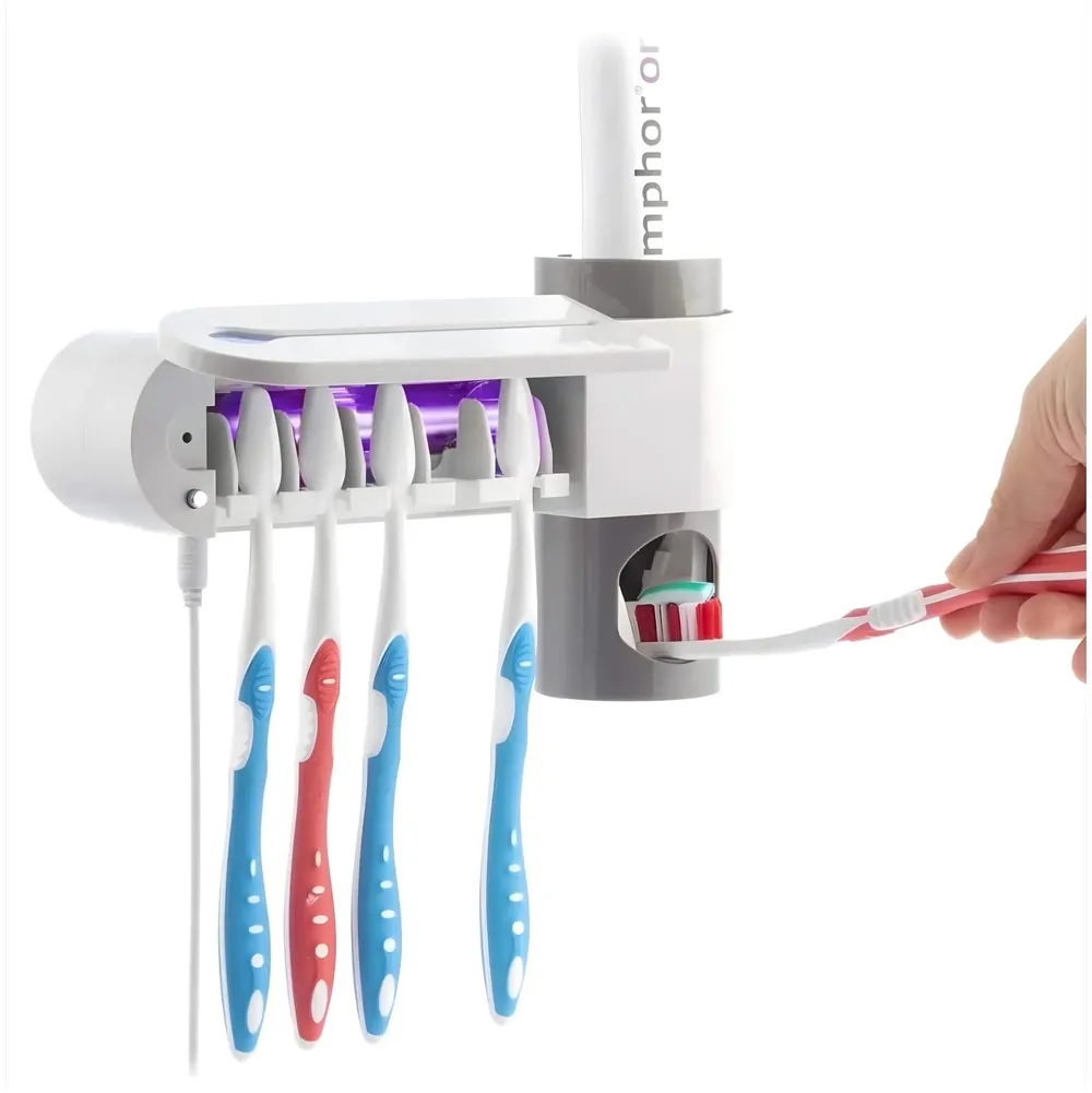 Bioline UV Sanitizer Toothbrush Holder And Squeezer Cleaner With UV Disinfectant And Fan Drying Storage Set, 4 Toothbrush Slots, Plug In USB Bathroom Wall Mounted Fit Automatic And Manual Toothbrushes