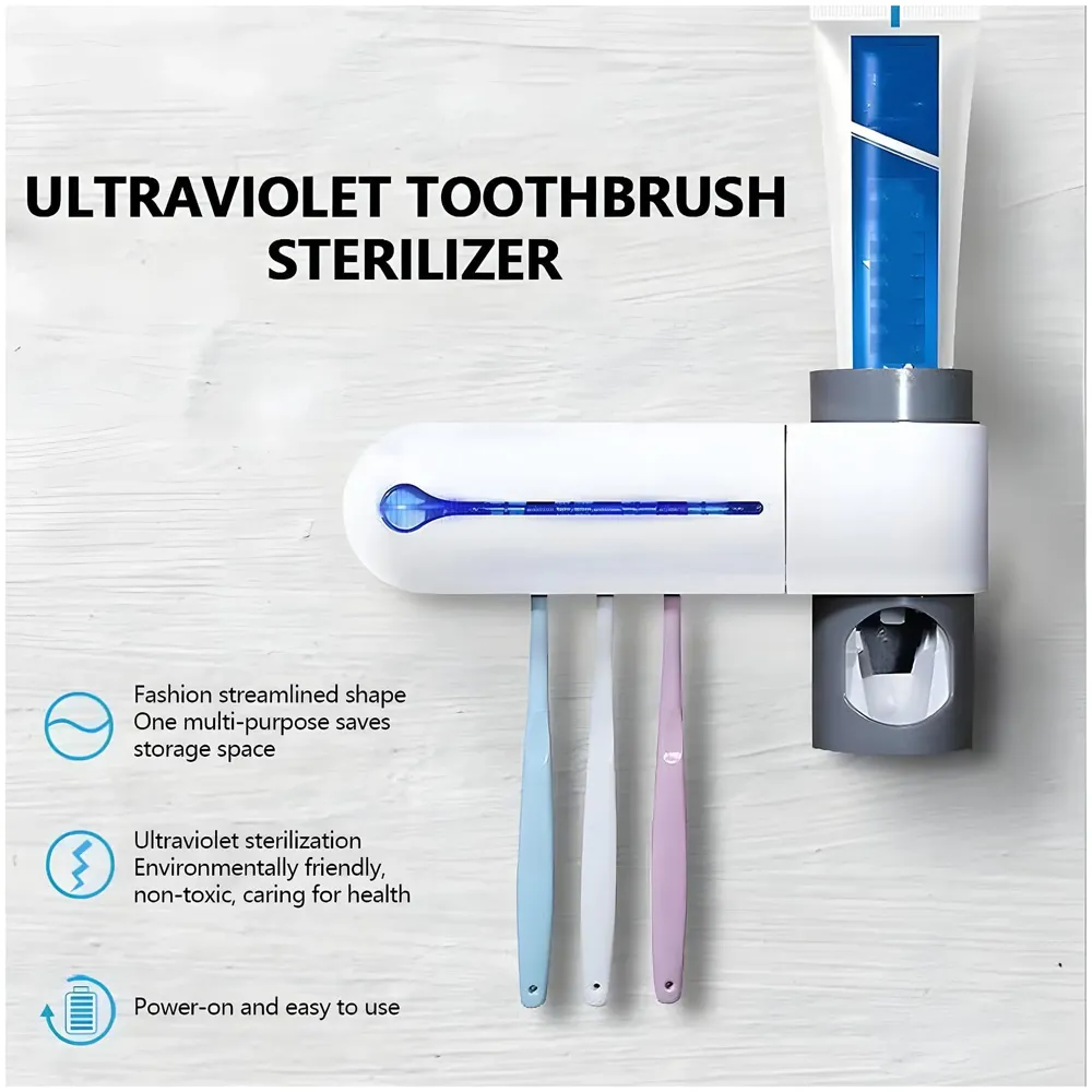 Bioline UV Sanitizer Toothbrush Holder And Squeezer Cleaner With UV Disinfectant And Fan Drying Storage Set, 4 Toothbrush Slots, Plug In USB Bathroom Wall Mounted Fit Automatic And Manual Toothbrushes