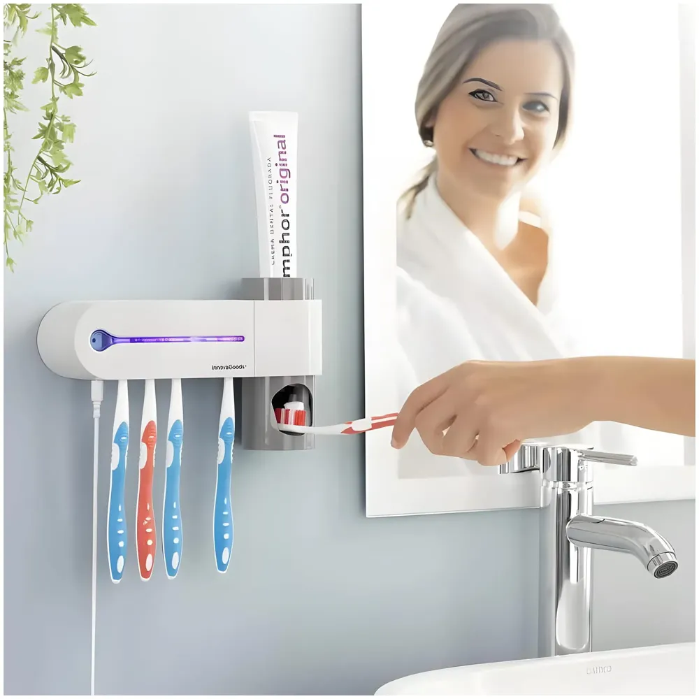 Bioline UV Sanitizer Toothbrush Holder And Squeezer Cleaner With UV Disinfectant And Fan Drying Storage Set, 4 Toothbrush Slots, Plug In USB Bathroom Wall Mounted Fit Automatic And Manual Toothbrushes