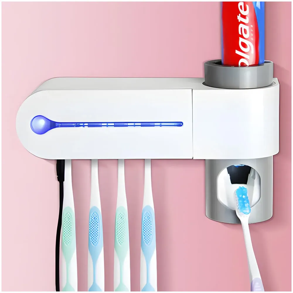 Bioline UV Sanitizer Toothbrush Holder And Squeezer Cleaner With UV Disinfectant And Fan Drying Storage Set, 4 Toothbrush Slots, Plug In USB Bathroom Wall Mounted Fit Automatic And Manual Toothbrushes