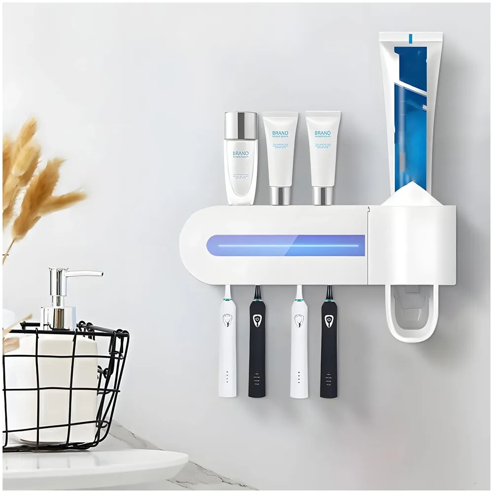 Bioline UV Sanitizer Toothbrush Holder And Squeezer Cleaner With UV Disinfectant And Fan Drying Storage Set, 4 Toothbrush Slots, Plug In USB Bathroom Wall Mounted Fit Automatic And Manual Toothbrushes