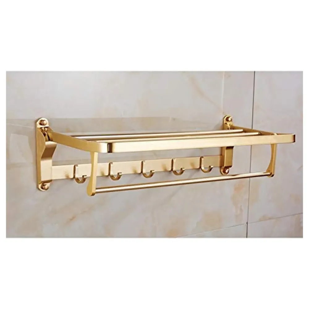 Gold Towel Rack Holder Aluminium with Hooks, Foldable 60 Cm (2 Feet) (Gold)