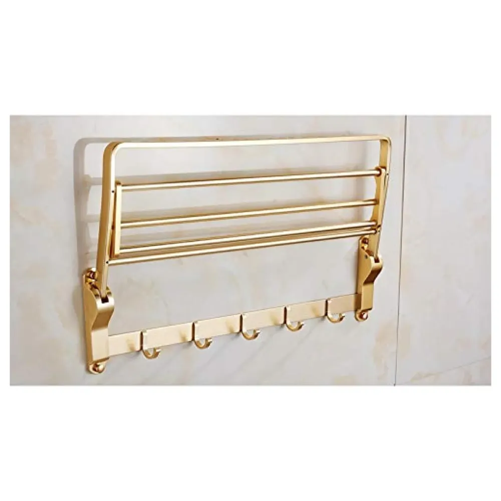 Gold Towel Rack Holder Aluminium with Hooks, Foldable 60 Cm (2 Feet) (Gold)