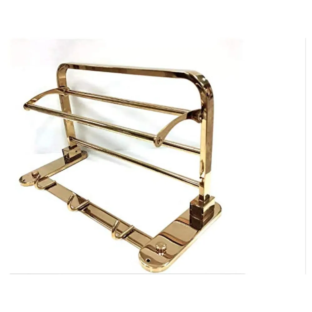 Gold Towel Rack Holder Aluminium with Hooks, Foldable 60 Cm (2 Feet) (Gold)