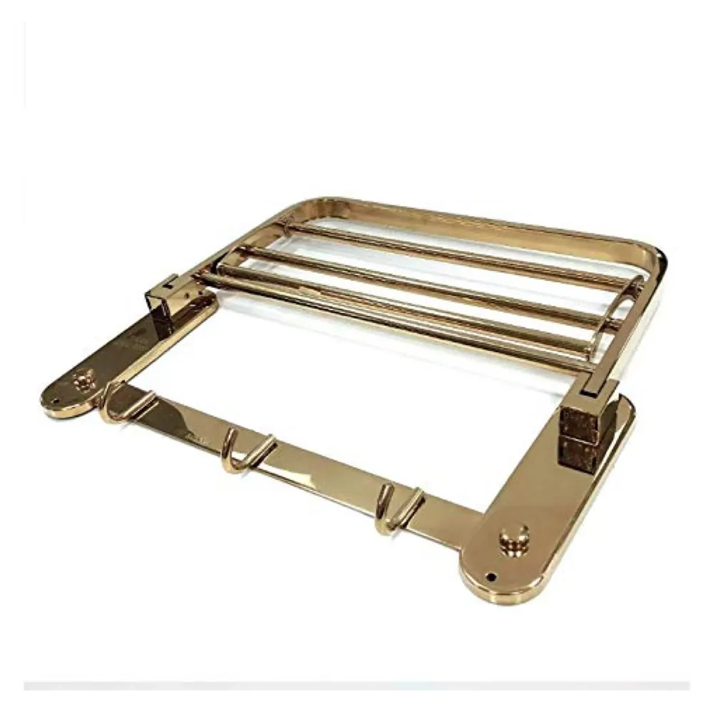 Gold Towel Rack Holder Aluminium with Hooks, Foldable 60 Cm (2 Feet) (Gold)