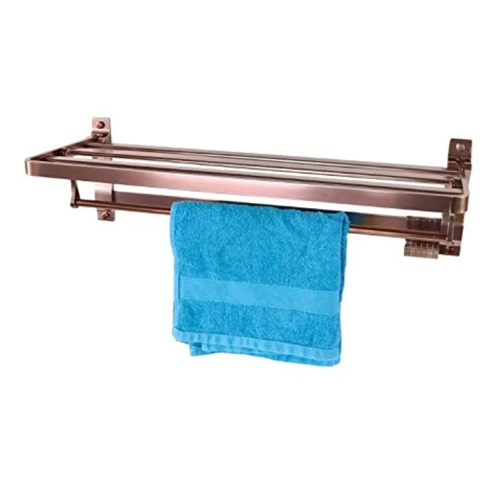 Rose Gold Aluminium Towel Rack Holder with Hooks, Foldable 60 Cm (2 Feet) (Rose Gold)