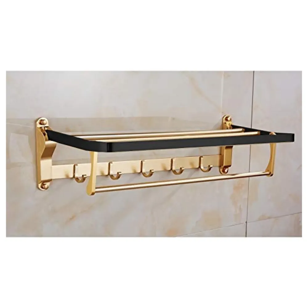 Gold Black Aluminium Towel Rack Holder with Hooks, Foldable 60 Cm (2 Feet) (Black Gold)