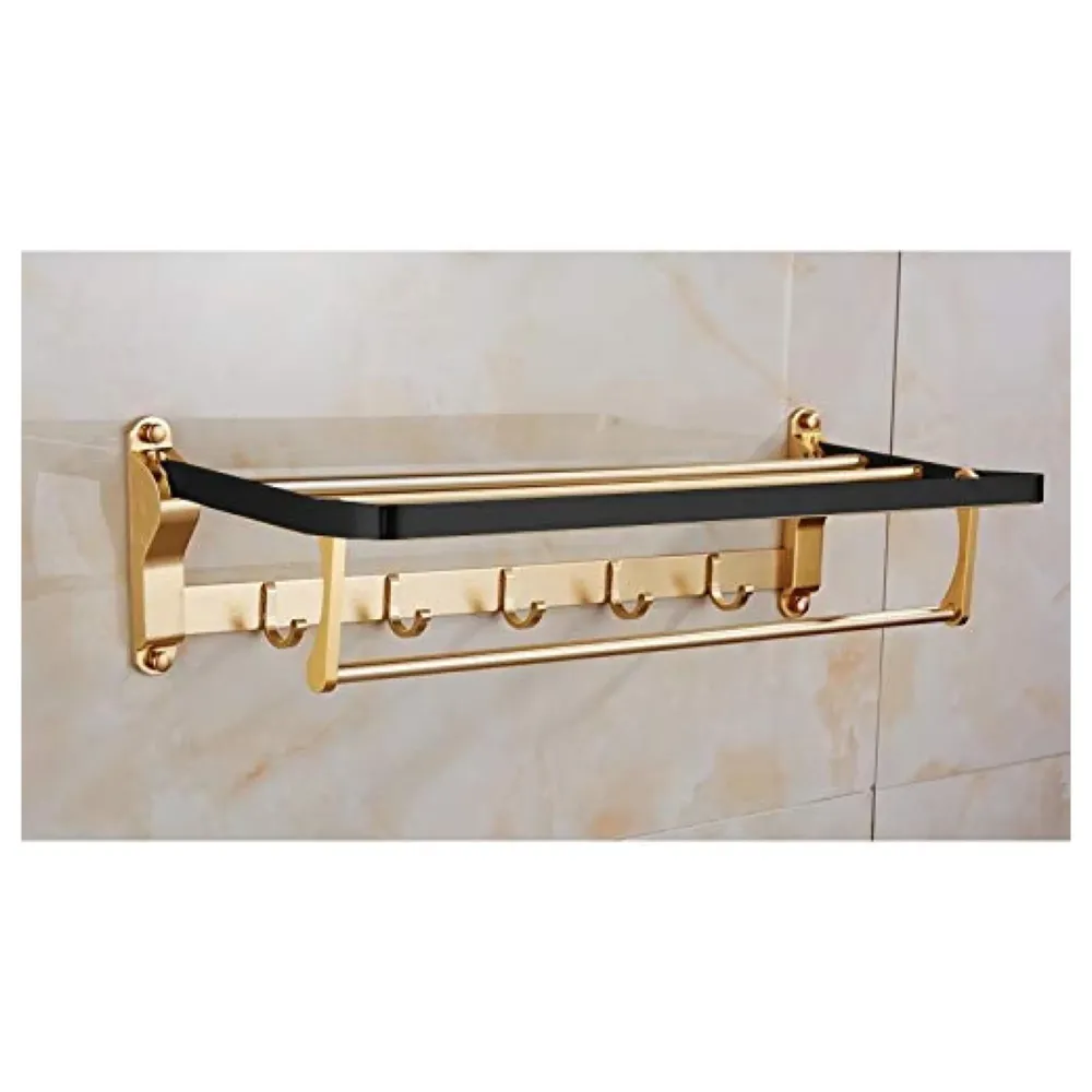 Gold Black Aluminium Towel Rack Holder with Hooks, Foldable 60 Cm (2 Feet) (Black Gold)