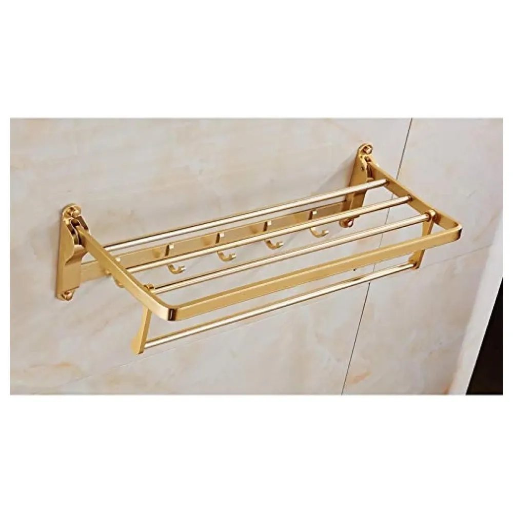 Gold Towel Rack 24 Inch, Foldable with 5 Hooks and Bar Aluminium Folding for Bathroom Golden Colour Hanger Hook Bar