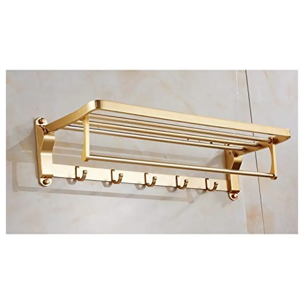 Gold Towel Rack 24 Inch, Foldable with 5 Hooks and Bar Aluminium Folding for Bathroom Golden Colour Hanger Hook Bar