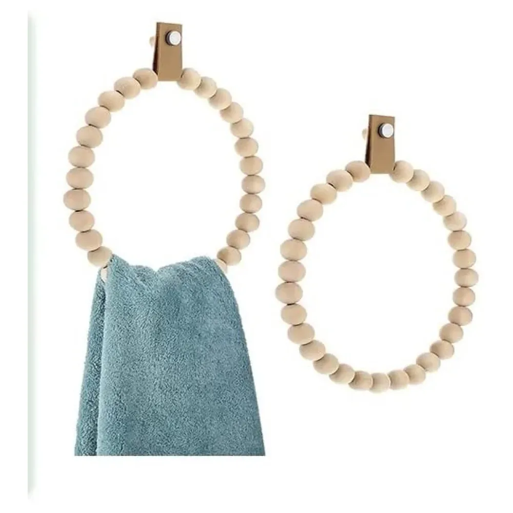 2 Pc Wood Towel Ring Wooden Beads Round Handmade Towel Hanger for Kitchen and Bathroom 19 Cm Diameter