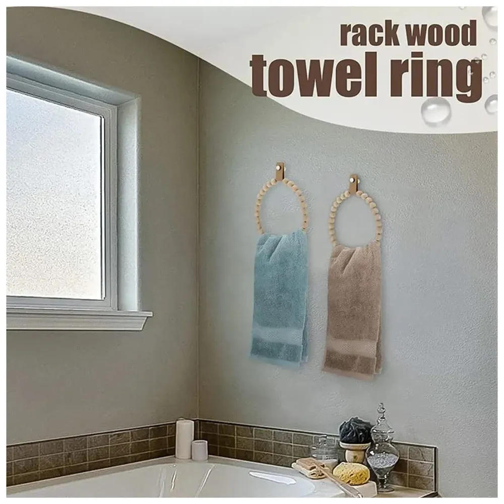 2 Pc Wood Towel Ring Wooden Beads Round Handmade Towel Hanger for Kitchen and Bathroom 19 Cm Diameter