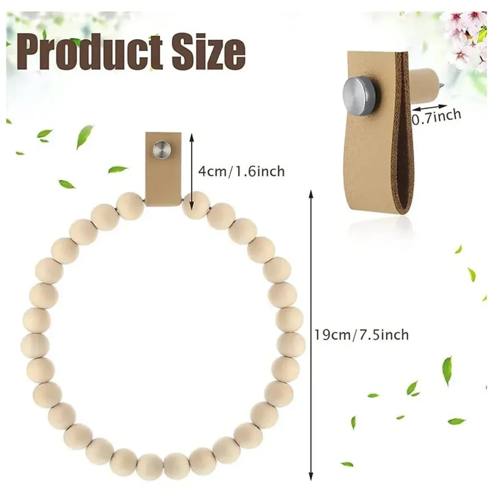 2 Pc Wood Towel Ring Wooden Beads Round Handmade Towel Hanger for Kitchen and Bathroom 19 Cm Diameter