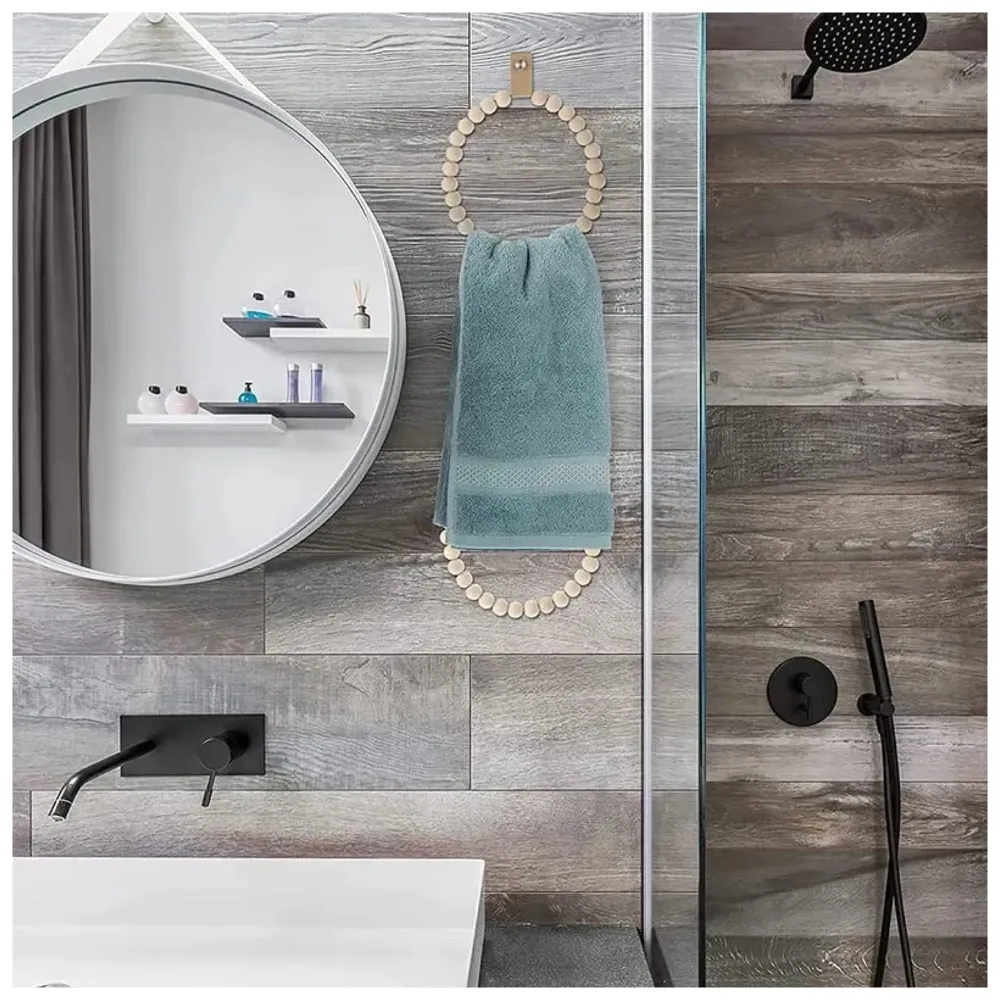 2 Pc Wood Towel Ring Wooden Beads Round Handmade Towel Hanger for Kitchen and Bathroom 19 Cm Diameter