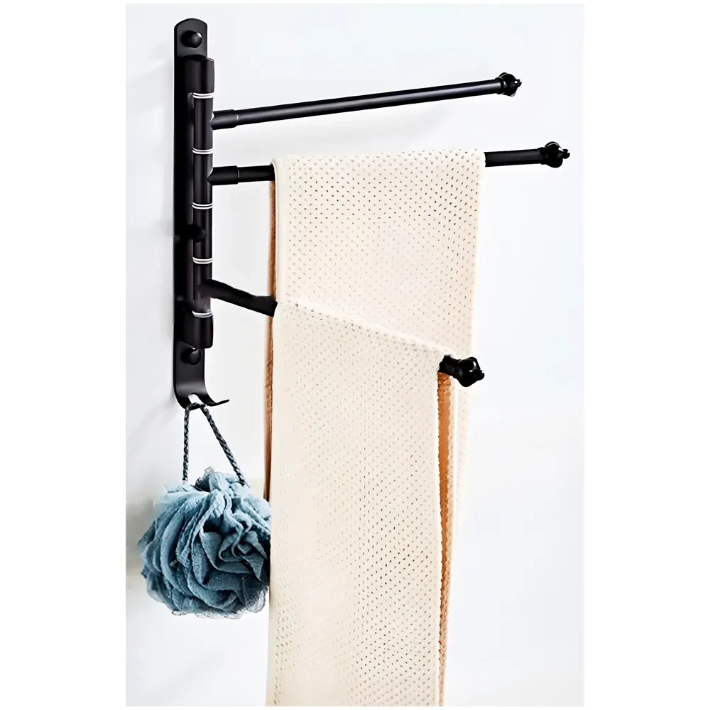 Black Towel Holder 3 Rods Stainless Steel for Towels and Hand Towels Movable Swivel Rods for Bathroom Toilets Baths, Triple Towel Rack, 34 cm x 22.5 cm