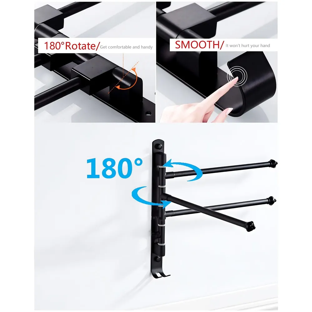 Black Towel Holder 3 Rods Stainless Steel for Towels and Hand Towels Movable Swivel Rods for Bathroom Toilets Baths, Triple Towel Rack, 34 cm x 22.5 cm