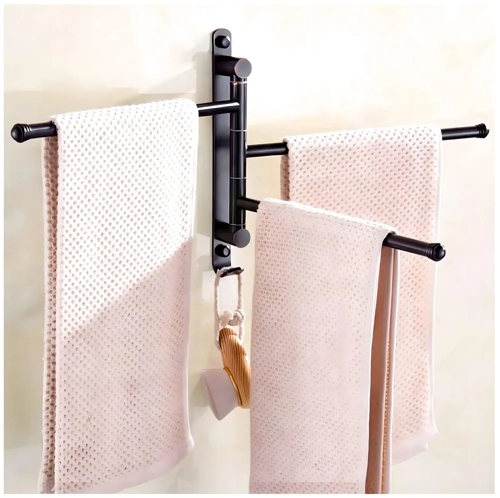 Black Towel Holder 3 Rods Stainless Steel for Towels and Hand Towels Movable Swivel Rods for Bathroom Toilets Baths, Triple Towel Rack, 34 cm x 22.5 cm
