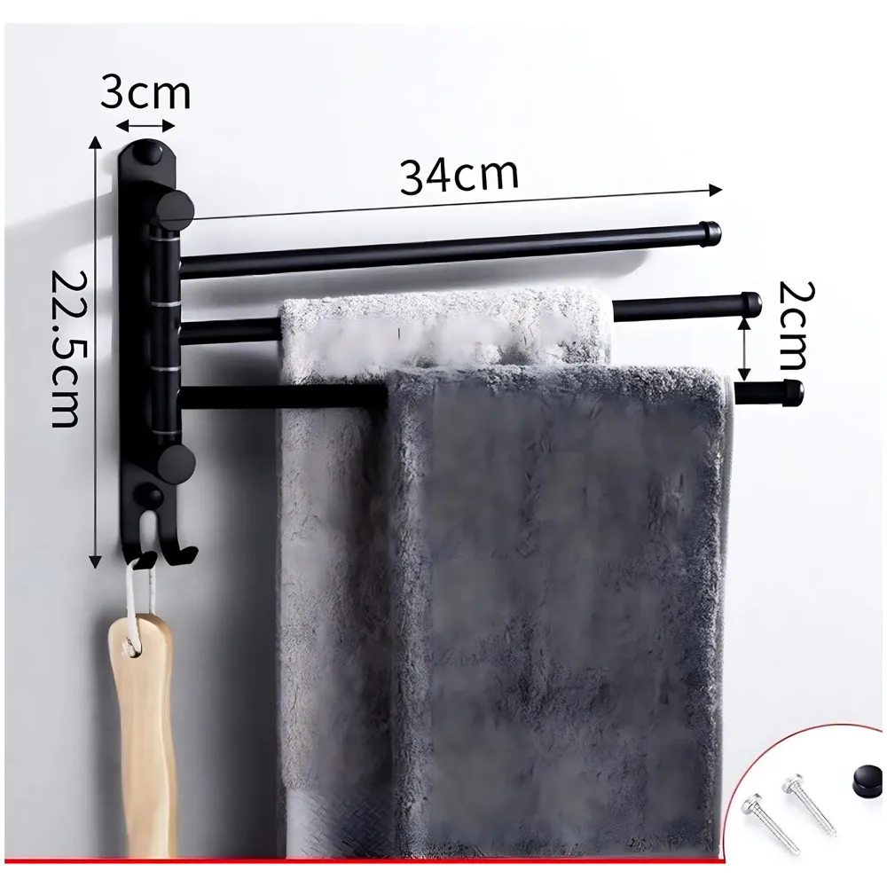 Black Towel Holder 3 Rods Stainless Steel for Towels and Hand Towels Movable Swivel Rods for Bathroom Toilets Baths, Triple Towel Rack, 34 cm x 22.5 cm