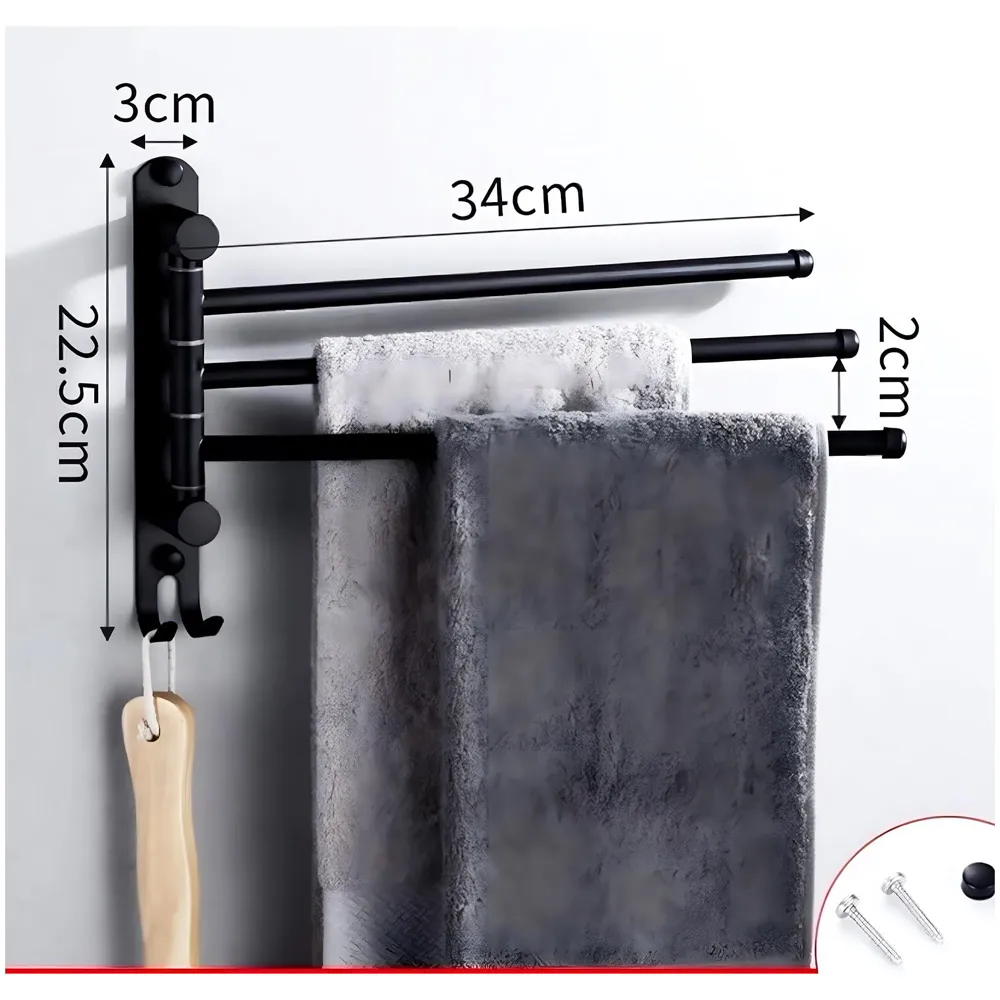 Black Towel Holder 3 Rods Stainless Steel for Towels and Hand Towels Movable Swivel Rods for Bathroom Toilets Baths, Triple Towel Rack, 34 cm x 22.5 cm