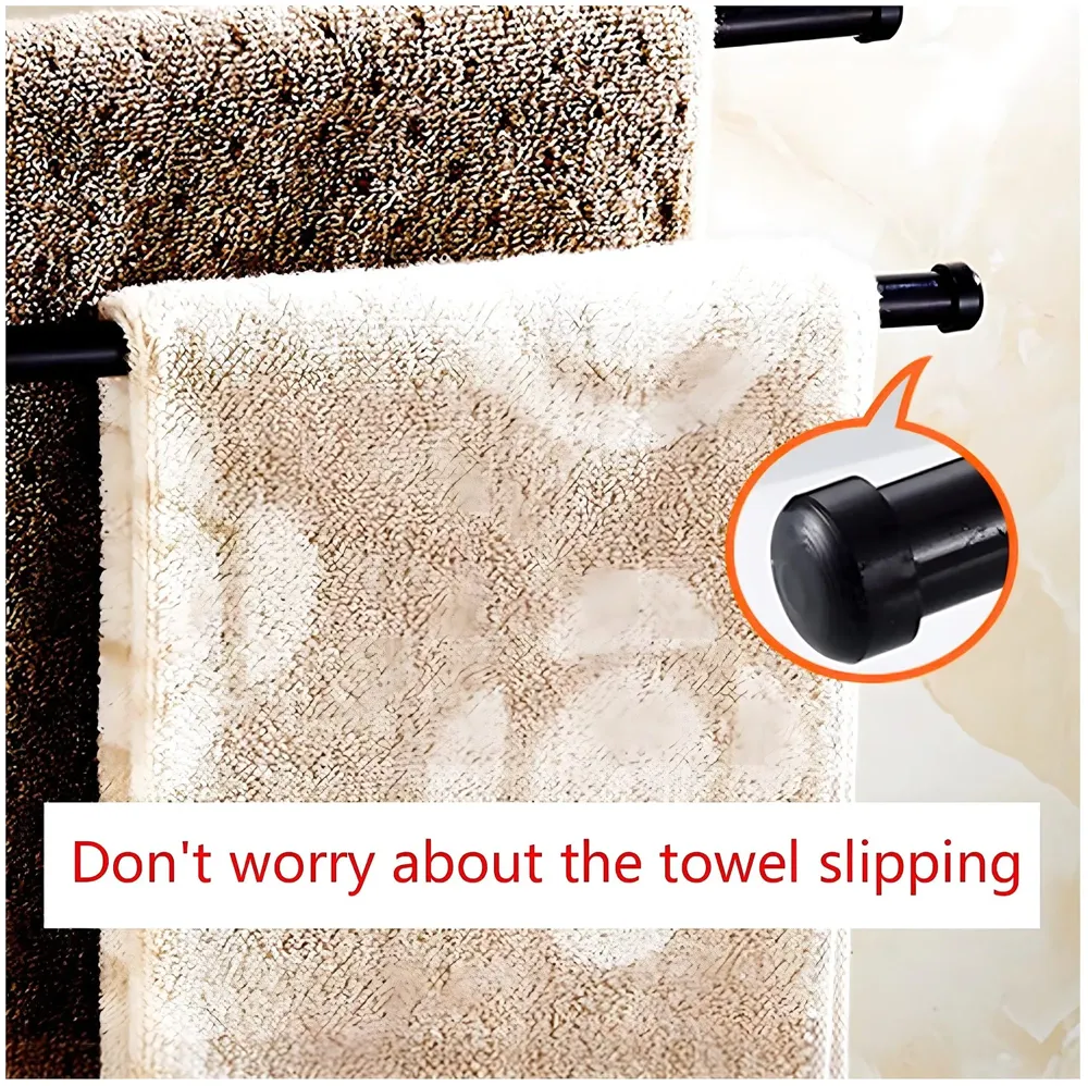 Black Towel Holder 3 Rods Stainless Steel for Towels and Hand Towels Movable Swivel Rods for Bathroom Toilets Baths, Triple Towel Rack, 34 cm x 22.5 cm