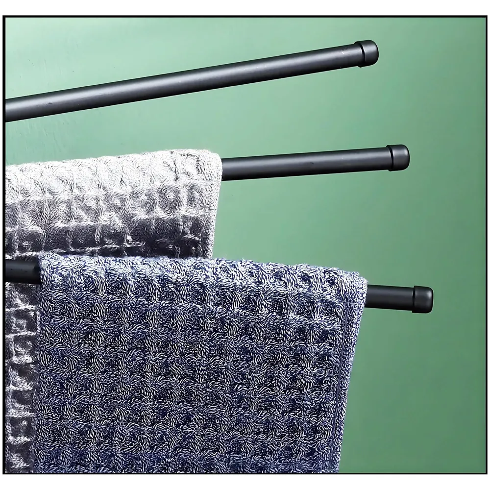 Black Towel Holder 3 Rods Stainless Steel for Towels and Hand Towels Movable Swivel Rods for Bathroom Toilets Baths, Triple Towel Rack, 34 cm x 22.5 cm