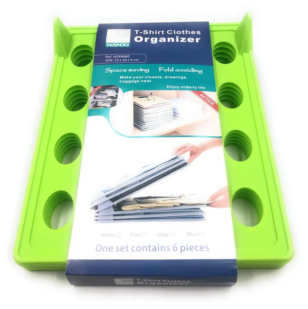 Stackable Folded T-Shirt Clothing Organizer l for Drawers, Dresser, Shelves, Suitcase, Wardrobe, Cabinets l Large (Jeans/Pants), Pack of 6 (Green, Regular (32 x 26 Cm))