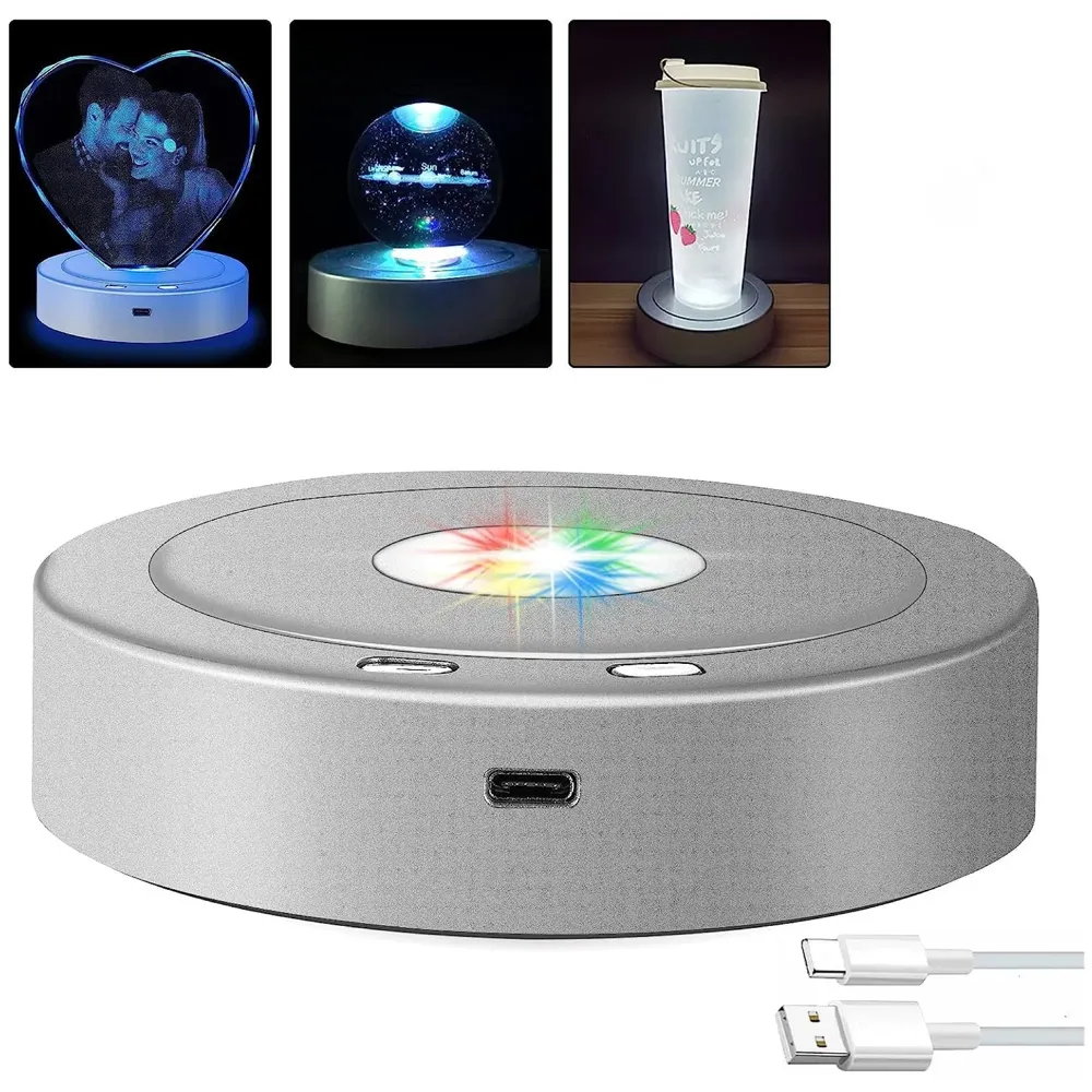 LED Turntable Rotating Display Stand With 8 Light Modes Coloured Light Base for Glass Art with 4 Revolving, USB And Battery Operated Display Stand – 10.5 Cm Diameter