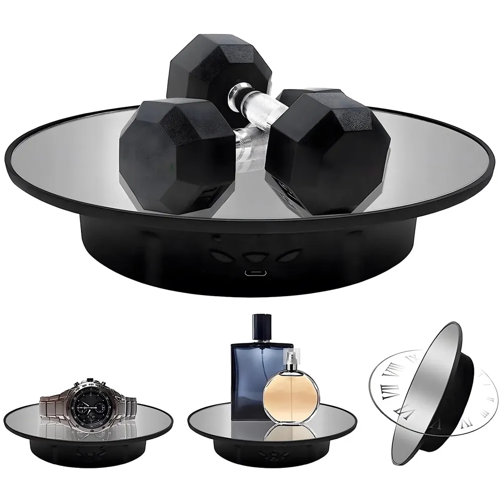 Automatic Rotating Display Stand, 360 Degree Electric Rotating Turntable With Mirror for Photography Products Display, Jewellery, Cake, 8 Inch Diameter (Black)