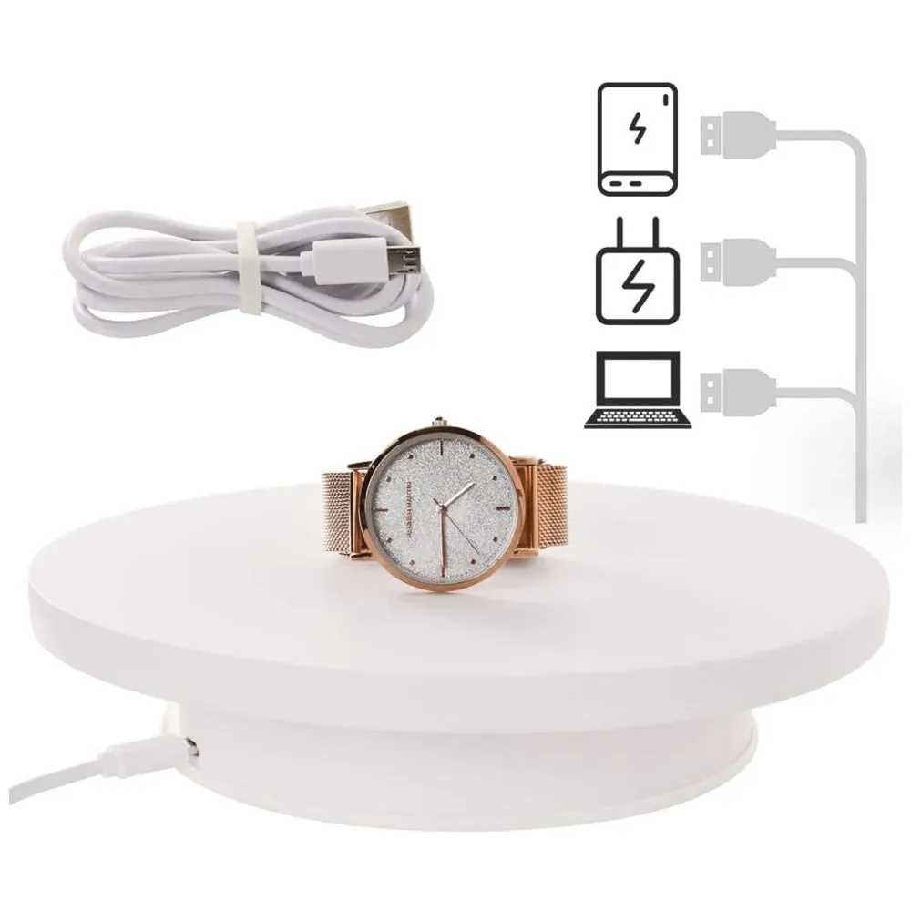 Automatic Rotating Display Stand, 360 Degree Electric Rotating Turntable With Felt Finish for Photography Products Display, Jewellery, Cake, 4 Kgs Load, 8 Inch Diameter (White)