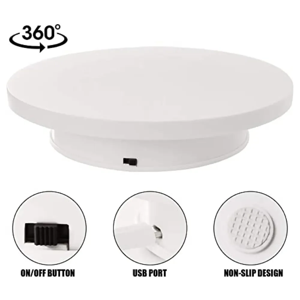 Automatic Rotating Display Stand, 360 Degree Electric Rotating Turntable With Felt Finish for Photography Products Display, Jewellery, Cake, 4 Kgs Load, 8 Inch Diameter (White)