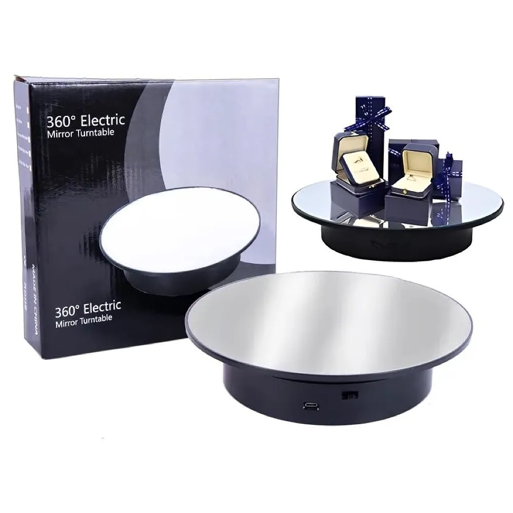 Large 25 Cm Rotating Display Stand 25 Cm 360 Degree Electric Rotating Turntable With Mirror for Photography Products Display, Jewellery, Cake and Collectibles, 25 Cm Diameter Black Premium