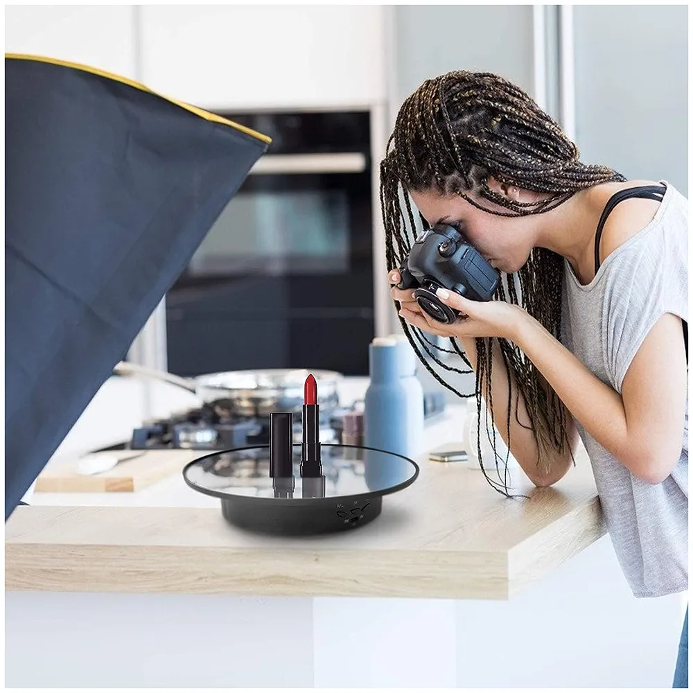 Large 25 Cm Rotating Display Stand 25 Cm 360 Degree Electric Rotating Turntable With Mirror for Photography Products Display, Jewellery, Cake and Collectibles, 25 Cm Diameter Black Premium