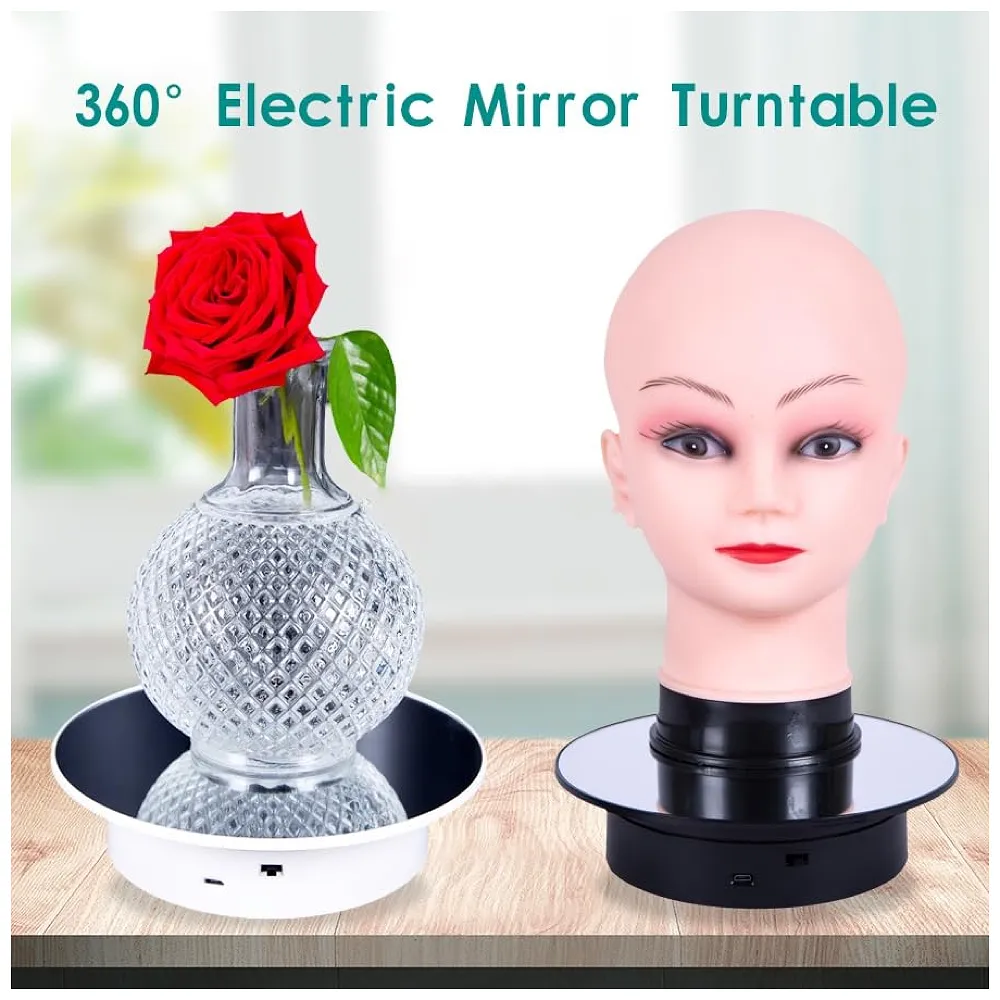 Large 25 Cm Rotating Display Stand 25 Cm 360 Degree Electric Rotating Turntable With Mirror for Photography Products Display, Jewellery, Cake and Collectibles, 25 Cm Diameter Black Premium