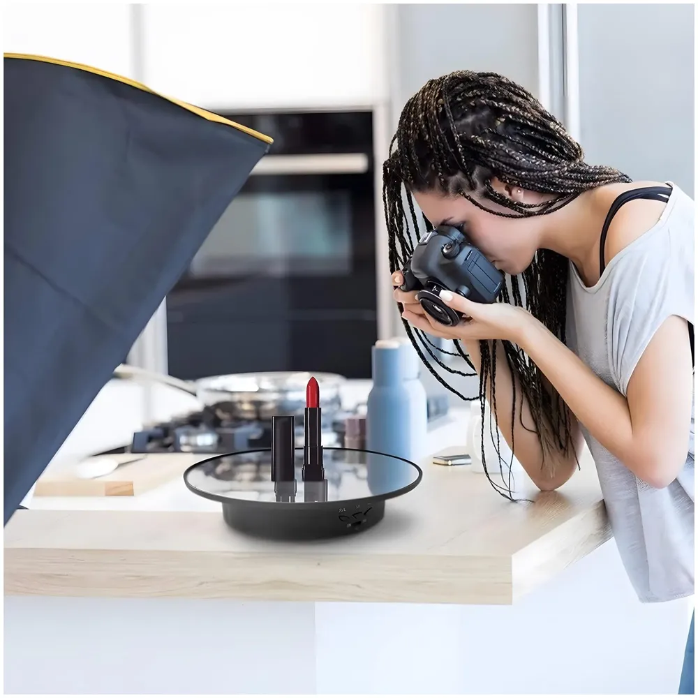 Turntable Rotating Display Stand 20 Cm/8 Inch 360 Degree Electric Rotating With Mirror for Photography Products Display, Jewellery, Cake and Collectibles, 20 Cm Diameter Black