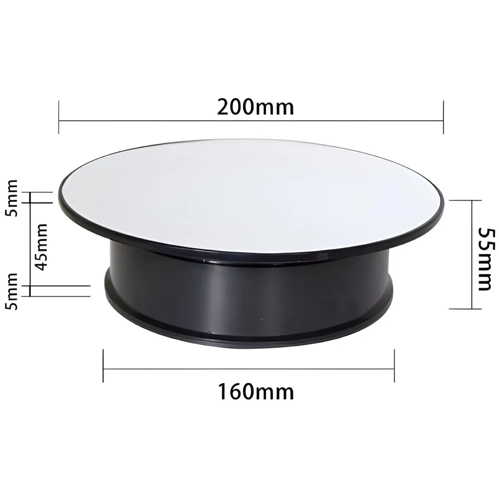 Turntable Rotating Display Stand 20 Cm/8 Inch 360 Degree Electric Rotating With Mirror for Photography Products Display, Jewellery, Cake and Collectibles, 20 Cm Diameter Black