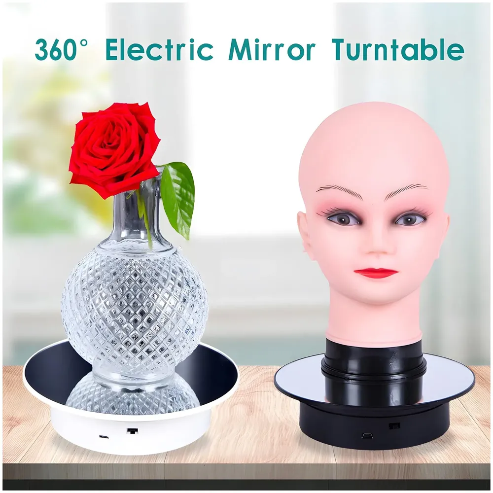 Turntable Rotating Display Stand 20 Cm/8 Inch 360 Degree Electric Rotating With Mirror for Photography Products Display, Jewellery, Cake and Collectibles, 20 Cm Diameter Black
