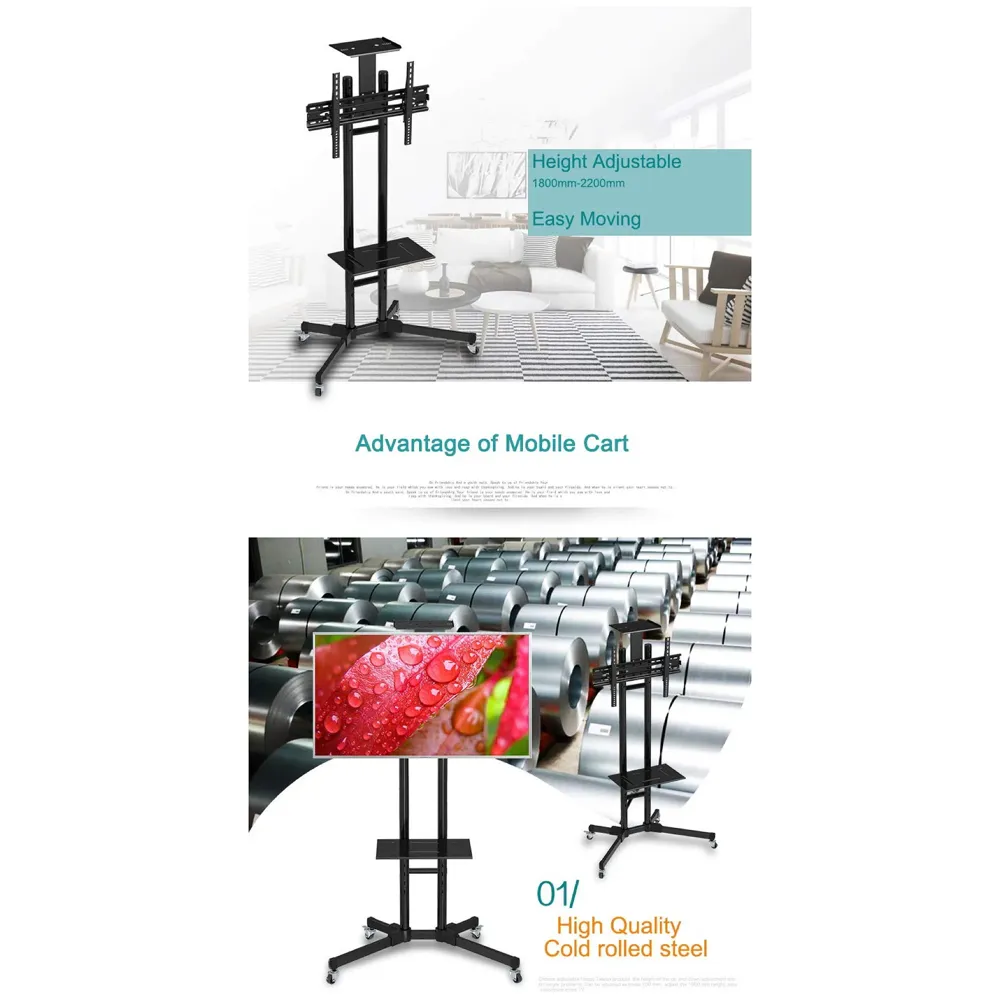 TV Trolley with Wheels Movable Tv Stand Tv Bracket for 32" to 75” LED, LCD for VESA Sizes 100 x 100 Upto 600 x 400 mm with Storange and Setup Box Shelf, 2 Shelves