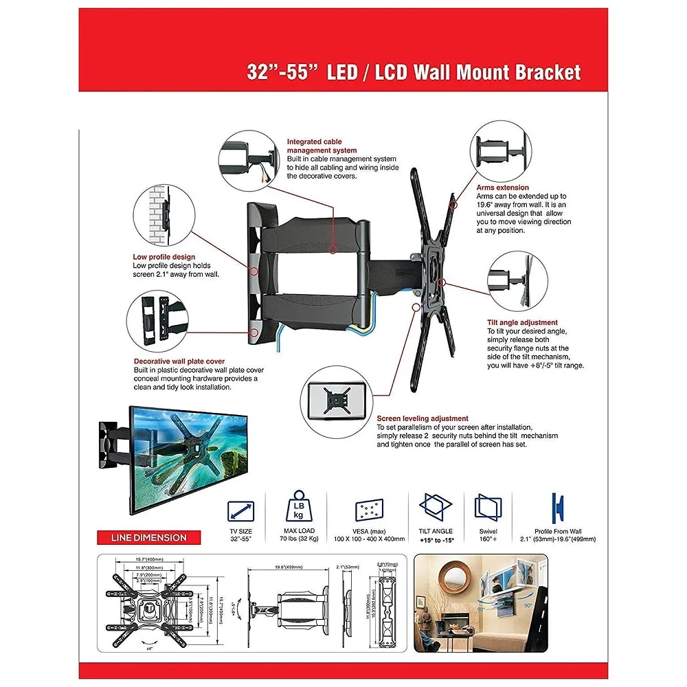 Heavy Duty Full Motion Cantilever Tilt Swivel Wall Mount Bracket for 32" inch to 55” LED, LCD and Plasma TV for VESA Sizes 100 x 100 Upto 400 x 400 mm (Wall Swivel 32''- 55'') Premium