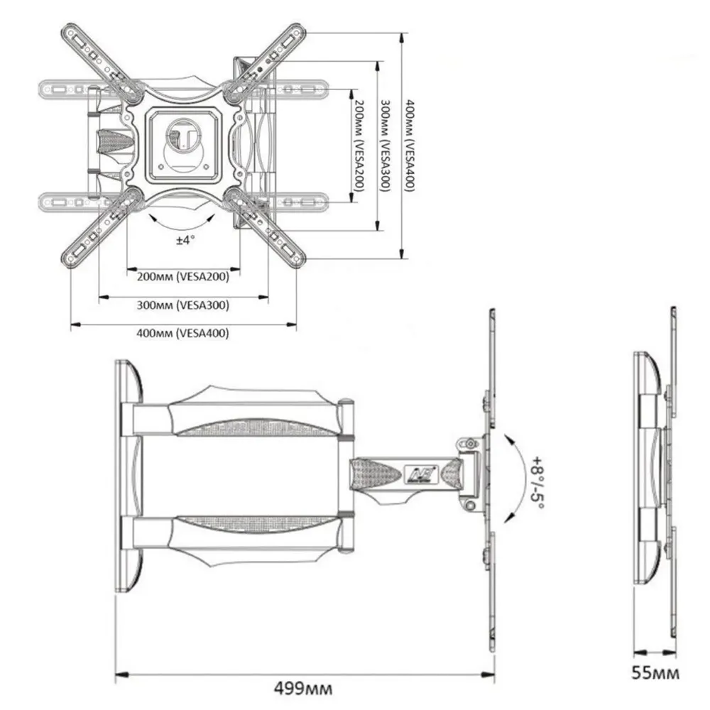 Model P4-NB 6 Way Swivel Tilt TV Wall Mount for LCD/LED TV's Upto 32" to 55" Inch