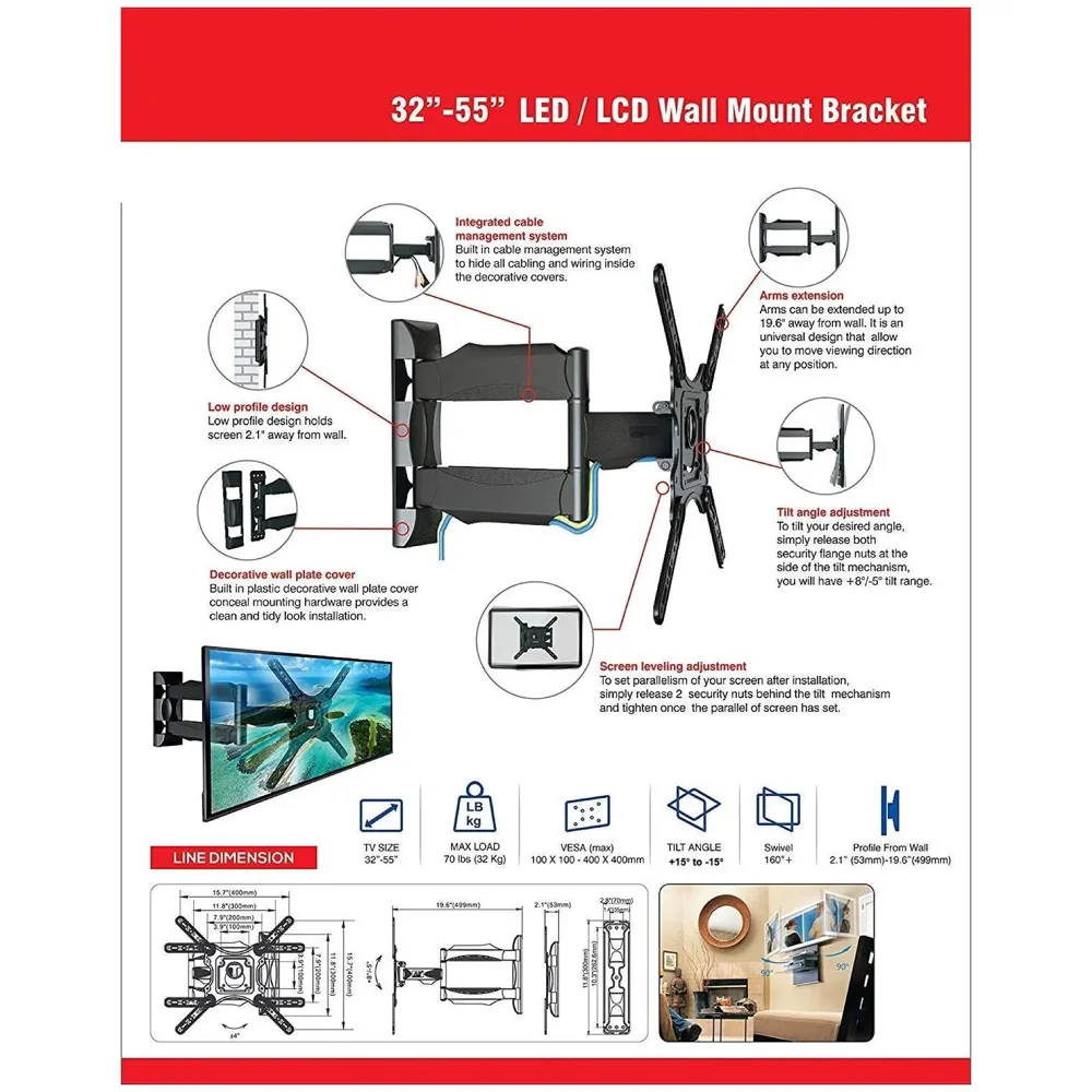 Heavy Duty Full Motion Cantilever Tilt Swivel Wall Mount Bracket for 32" inch to 55” LED, LCD and Plasma TV for VESA Sizes 100 x 100 Upto 400 x 400 mm (Wall Swivel 32''- 55'')