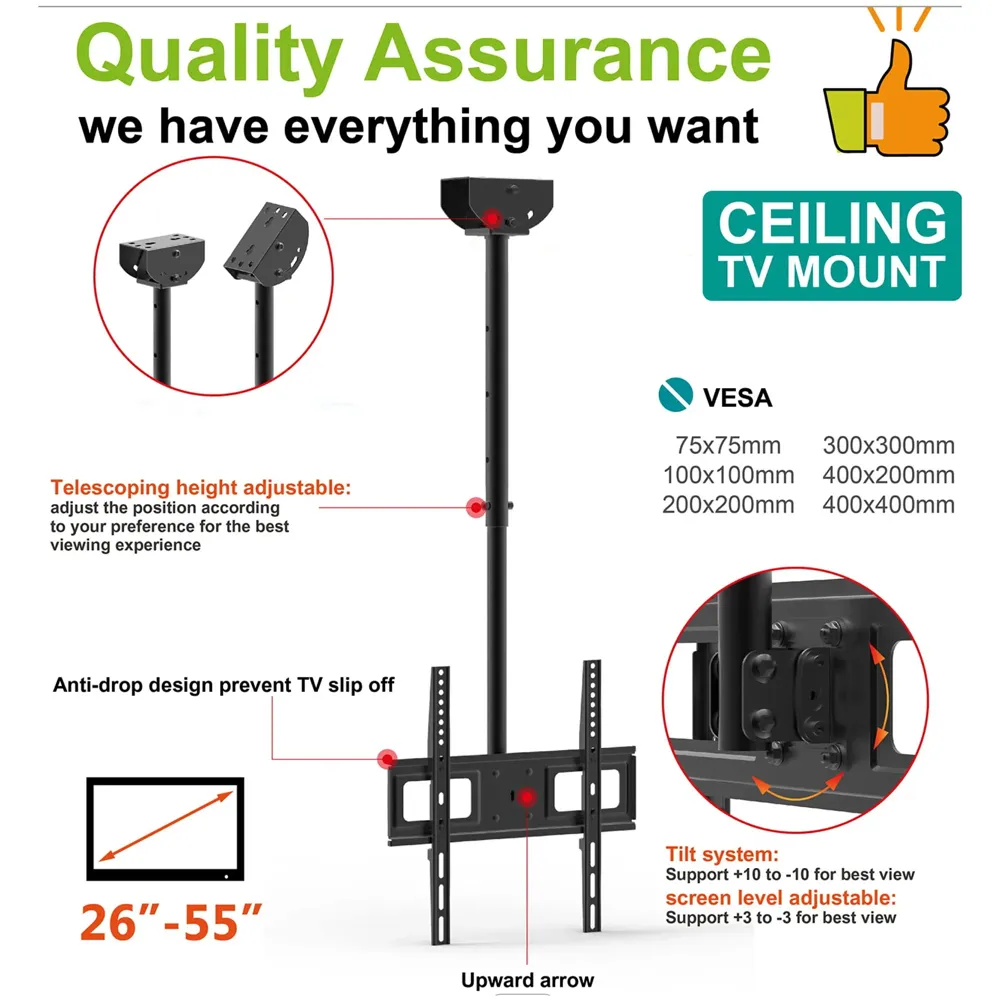 3 feet, Heavy Duty Full Motion Cantilever Tilt Swivel Ceiling Mount Bracket for 26" inch to 55” LED, LCD and Plasma TV for VESA sizes 100 x 100 upto 400 x 400 mm (Ceiling Swivel 26''- 55'')