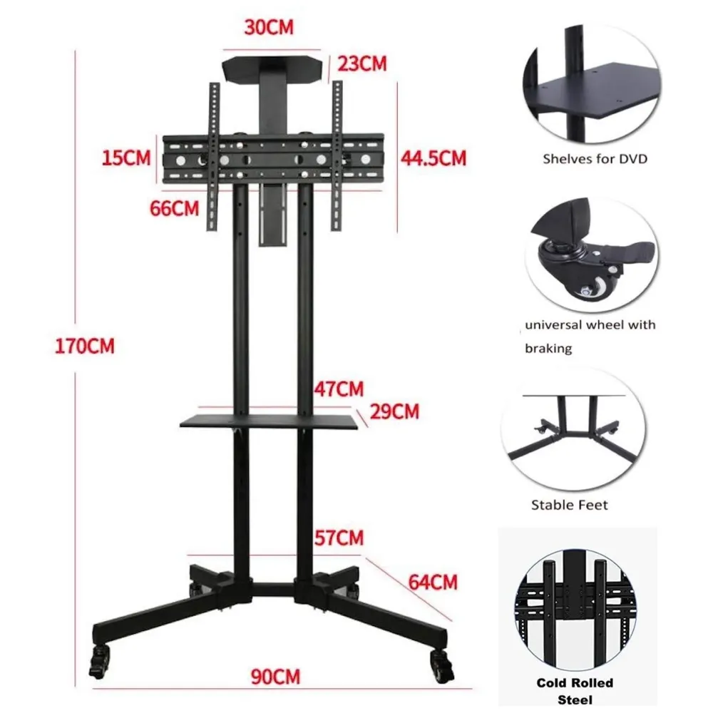 Premium Heavy Duty Full Motion Swivel Floor Stand TV Trolley with Brackets for 32" inch to 75” LED, LCD and Plasma TV for VESA Sizes 100 x 100 Upto 600 x 400 mm (Tv Trolley 2 Shelves)