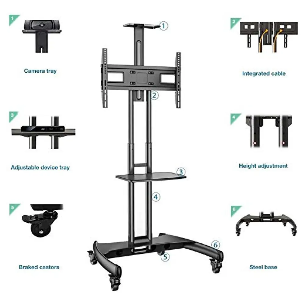 Mobile TV Cart TV Stand with Wheels for 32 to 65 Inch LCD LED OLED Plasma Flat Panel Screens Up to 45 Kgs Tv Trolley - 2