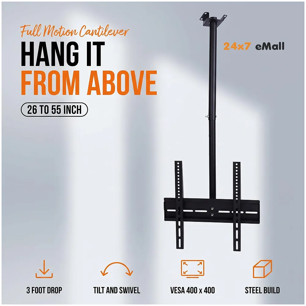 3 feet, Heavy Duty Full Motion Cantilever Tilt Swivel Ceiling Mount Bracket for 26" inch to 55” LED, LCD and Plasma TV for VESA sizes 100 x 100 upto 400 x 400 mm (Ceiling Swivel 26''- 55'')